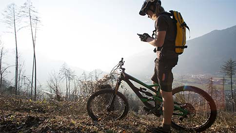 Junger Mann mit Trekking-Fahrrad im Wald schaut auf sein Smartphone.